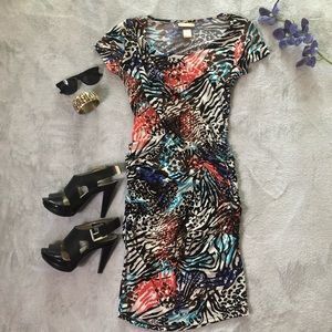 Miss Tina drape and fitted dress abstract print